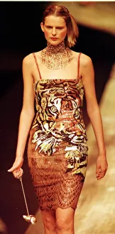 00512 Prints: Stella Tennant models dress with tiger motif designed by Valentino at Paris Fashion Week