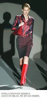 Stella Tennant wearing one of Gucci latest fashion two tone skirt and top in Milan