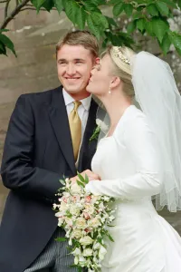 Kiss Prints: Stephen Hendry gets a kiss on the cheek from wife Mandy on their wedding day