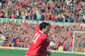 01070 Prints: Steve Bruce, congratulated by Ryan Giggs (number 11) pictured at the end of the match