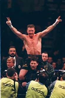 Steve Collins on the shoulders of his corner team after defendinf his WBO super middle