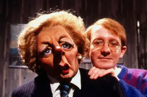 Leaders Prints: Steve Nallon with Margaret Thatcher puppet December 1987