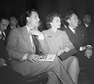 Stewart Granger actor and Jean Simmonds actress seen together at a big fight in 1956