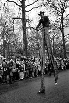 Images Dated 30th March 1975: A stilt walker taking part in the Easter parade, Battersea Park. March 1975 75-1706-009