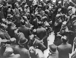 Stockbrokers and investors seen here at the Stock Exchange in 1931 following the banking
