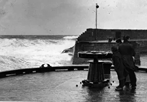 Waves Prints: Storm waves crashing against the entrance to Peterhead Harbour in Scotland March