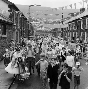 A street party to celebrate the Investiture of Prince Charles at Caernarfon Castle. Wales