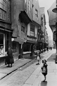 Street scene showing the The Shambles in York. Circa 1930