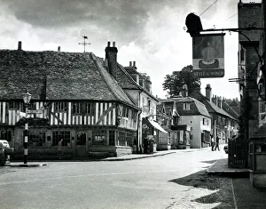 Cottage Prints: Street scene in the village of Ightham in Kent showing the local pubs