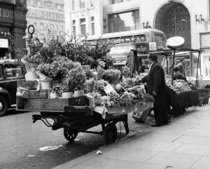 Stall Prints: Street Traders: Flower stall at Oxford Circus station, London. May 1959