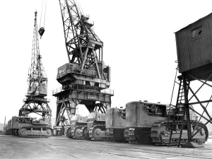 00081 Prints: Strike bound tractors and cranes at Newcastle Quayside in 1970