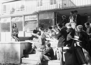 Student poses for other students at the Coventry Art College Circa 1959