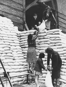 Students help put sandbags in place at Manchester Grammar School