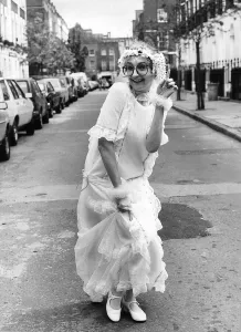 Quirky Prints: Su Pollard TV actress from Hi-De-Hi in wedding dress in street on Wedding day to Peter