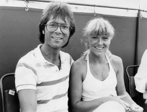 Sue Barker and Cliff Richard at tennis tournament - June 1982