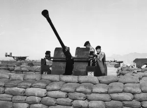 Suez Crisis 1956 On a British airbase in Cyprus the crew of an anti aircraft gun