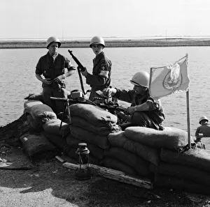 Suez Crisis 1956 Danish UNO troops on the Suez canal set up a machine gun