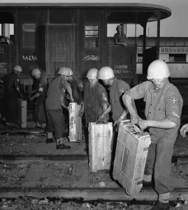 Suez Crisis 1956 Danish UNO troops unloading ammunition from a supply train in Port