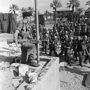 Suez Crisis 1956 Sapper R Griffen of Cardiff stands guard with his Bren gun as