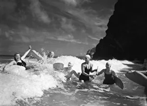 01052 Prints: The Summer of 1934. Friends enjoying body surfing on a north Cornish beach Circa