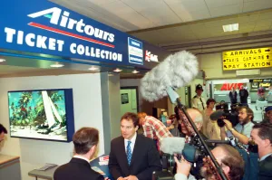 00513 Prints: Surrounded by television crews and journalists Tony Blair tours the newly opened terminal