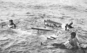 Survivors from a torpedoed merchant ship who survived in the water for a day