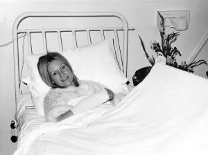 Medical Prints: Suzanna Leigh Actress in bed in a Harley Street Clinic after falling off a motorbike