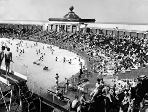 Seaside Town Prints: Swimming is popular, as this view of Southports open air pool shows