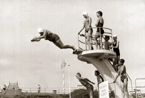 Dive Prints: Taking The Plunge... 75 year old Molly Pendleton diving from a 16ft. 6in diving board