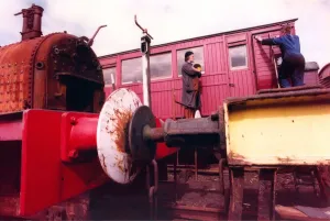 Painting Prints: Tanfield Railway carriage foreman Mel Deighton working on the 50 year old LNER Ballast