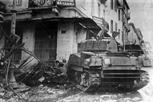 Paratrooper Prints: A tank gives cover to paratroopers as they probe the ruins of a dynamited house n Athens