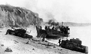 Tanks landing on beach at Dieppe during the raid by Allied commandos on the German