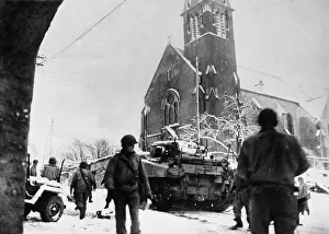 Belgium Prints: Tanks of the United States 35th Infantry Division moving through the Belgian town of