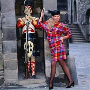 Tartan fashion, 1989 Model wearing pink tartan jacket and skirt suit