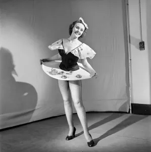 Tea for two: Clothing: Fashion: Skirt: Woman wearing skirt containing tea service