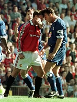 Images Dated 15th August 1998: Teddy Sheringham Manchester United striker August 1998 squares up to Steve Walsh