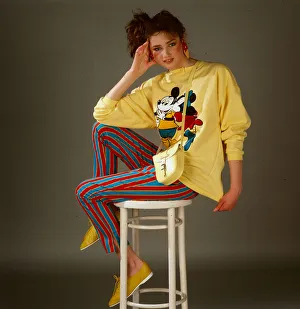 Leggings Prints: Teenagers dress and fashion, April 1987 Model wearing Mickey Mouse yellow