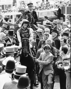 00167 Prints: Teenoso and jockey Lester Piggott after winning the Derby being lead in at Epsom - 1st