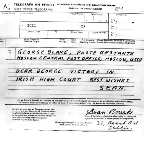 Espionage Prints: Telegraph sent from Sean Bourke to George Blake after he was declared a free man after he