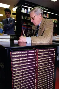 Television presenter and broadcaster David Attenborough signing books at Waterstones in