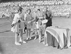 Tennis Wimbledon Womens Double Final. 1949 Duchess of Kent shaking hands with