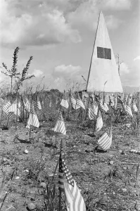 Battles And Campaigns Prints: Th U. S. Marine memorial surrounded by miniature American flags on Bloody Ridge