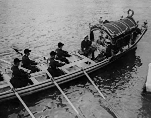 Barge Prints: The Thames Pageant. The Royal Barge with the Royal family on board leaving the Custom