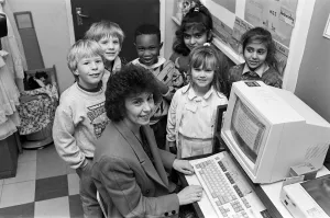 Thank you for our new computer... pupils of Crosland Moor Infant School express their
