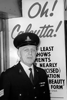 00090 Prints: Theatre: Entertainment: Oh! Calcutta! Feature: Commissionaire Alf Bryant outside