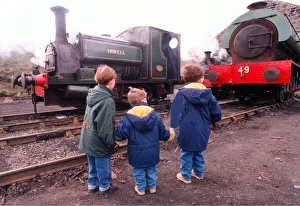 00335 Prints: Thee little ones study steam locomotives at the Tanfield Railway engine sheds which were