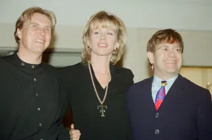 Theo and Louise Fennell with Elton John at the opening of Theo Fennell s