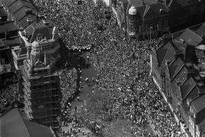 Thousands of West Ham supporters throng around the Bolyn at Upton Park as the Hammers