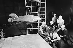 Thunderbird II takes off in Slough film studios during filming of the Thunderbirds series