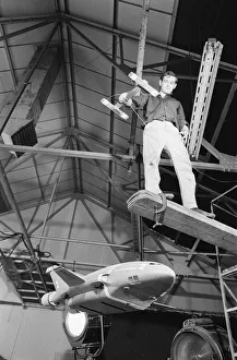 01362 Prints: Thunderbird II takes off in Slough film studios during filming of the Thunderbirds series